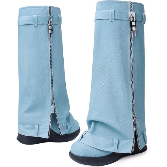 Women Denim Blue Pointy Pull-on Wedge Heel Knee Shark Padlock Design Shark Boot - Picture 5 of 6